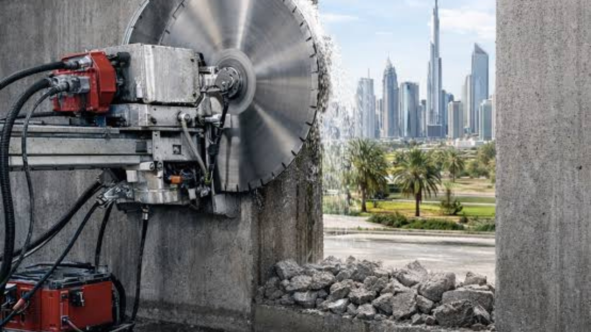 Concrete cutting services work process and equipment setup at construction site