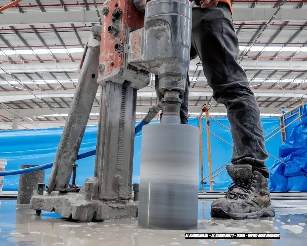 Core drilling machine making precise hole in concrete wall in United Arab Emirates construction site