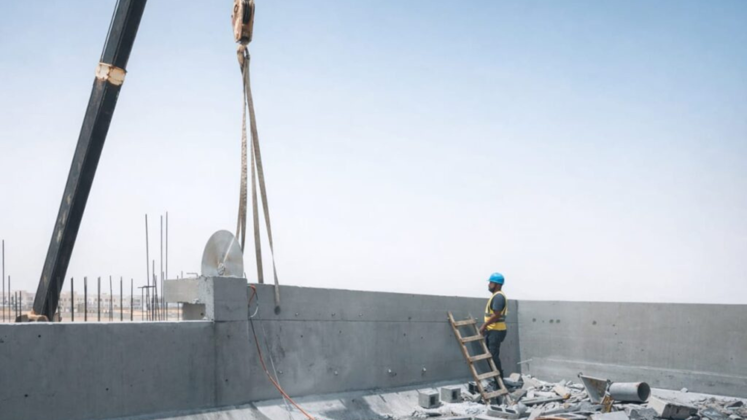 Professional concrete cutting contractor using a diamond blade saw to cut a floor slab in Dubai.