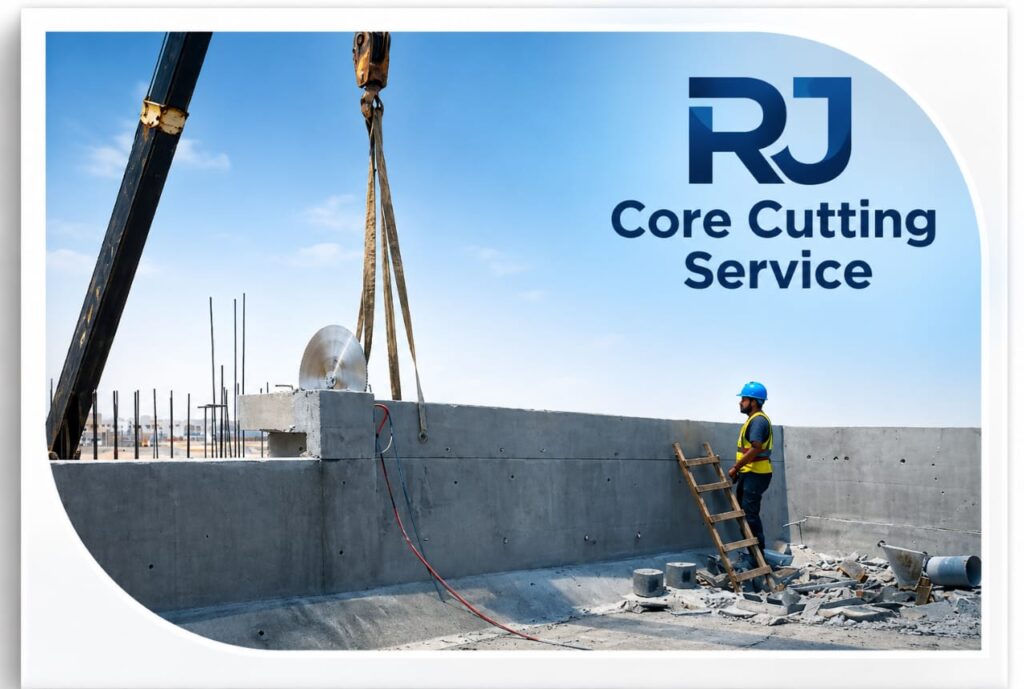 Professional concrete cutting contractor using a diamond blade saw to cut a floor slab in Dubai.